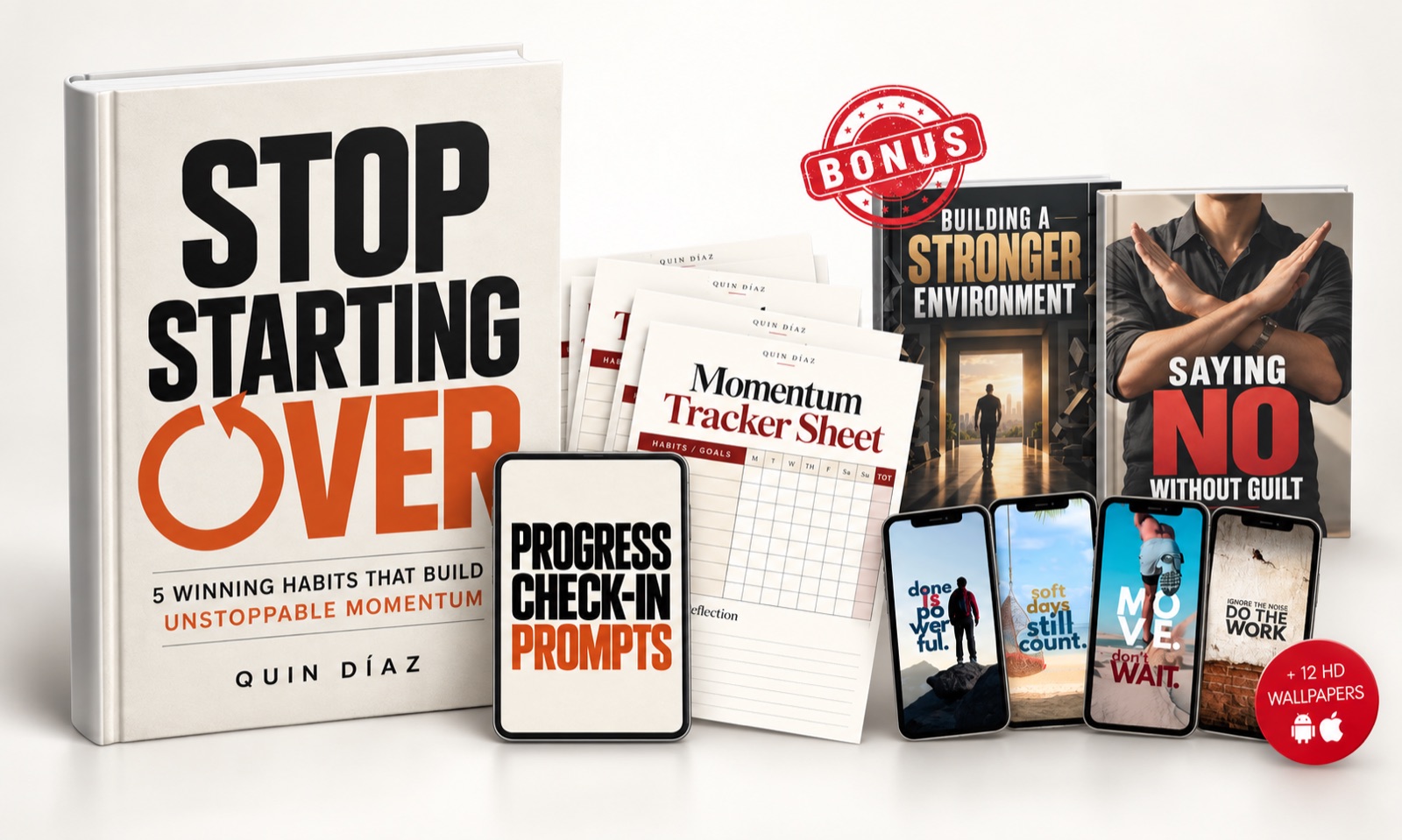 Stop Starting Over e-book with Momentum Tracker Sheet, Progress Check-in Prompts, two bonus books and 12 HD wallpapers
