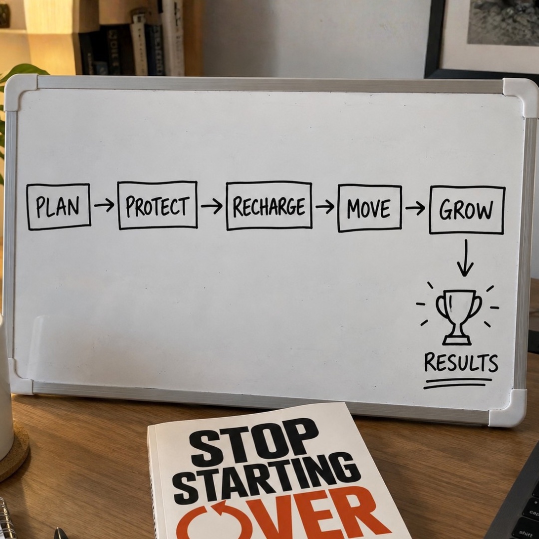 Whiteboard showing the Momentum Stack: Plan, Protect, Recharge, Move, Grow, then Results, with the Stop Starting Over book on the desk