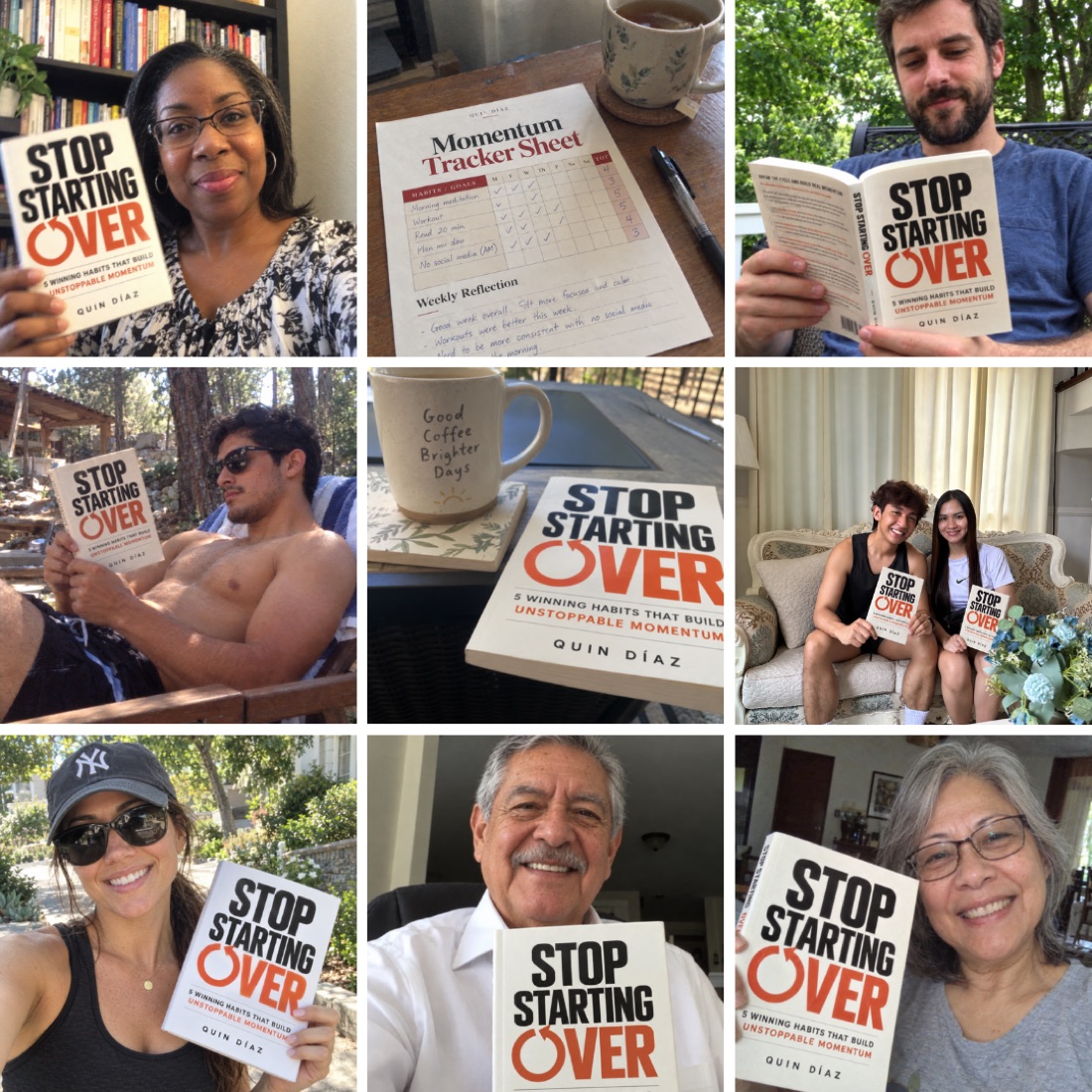 Readers around the world holding Stop Starting Over, plus the Momentum Tracker Sheet