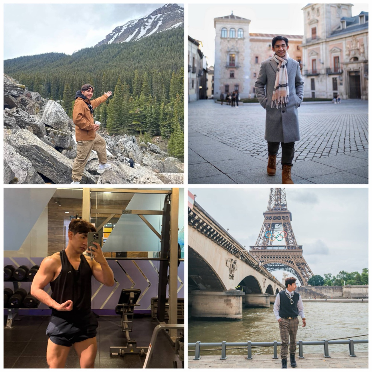 Quin Díaz in four photos: hiking in the Canadian Rockies, walking through a plaza in Madrid, working out at the gym, and standing by the Seine in front of the Eiffel Tower
